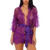 Lovely Sexy See-through Lace-up Purple Babydoll
