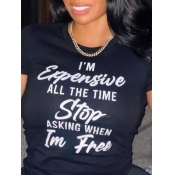 LW Casual O Neck Letter Print Black T-shirt