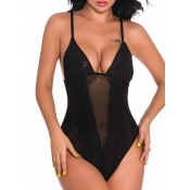 Lovely Sexy V Neck See-through Black Teddies