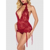 Lovely Sexy Backless See-through Wine Red Teddies