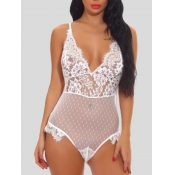 Lovely Sexy V Neck Floral See-through White Teddie