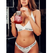Lovely Sweet V Neck Letter Print White Bra Set