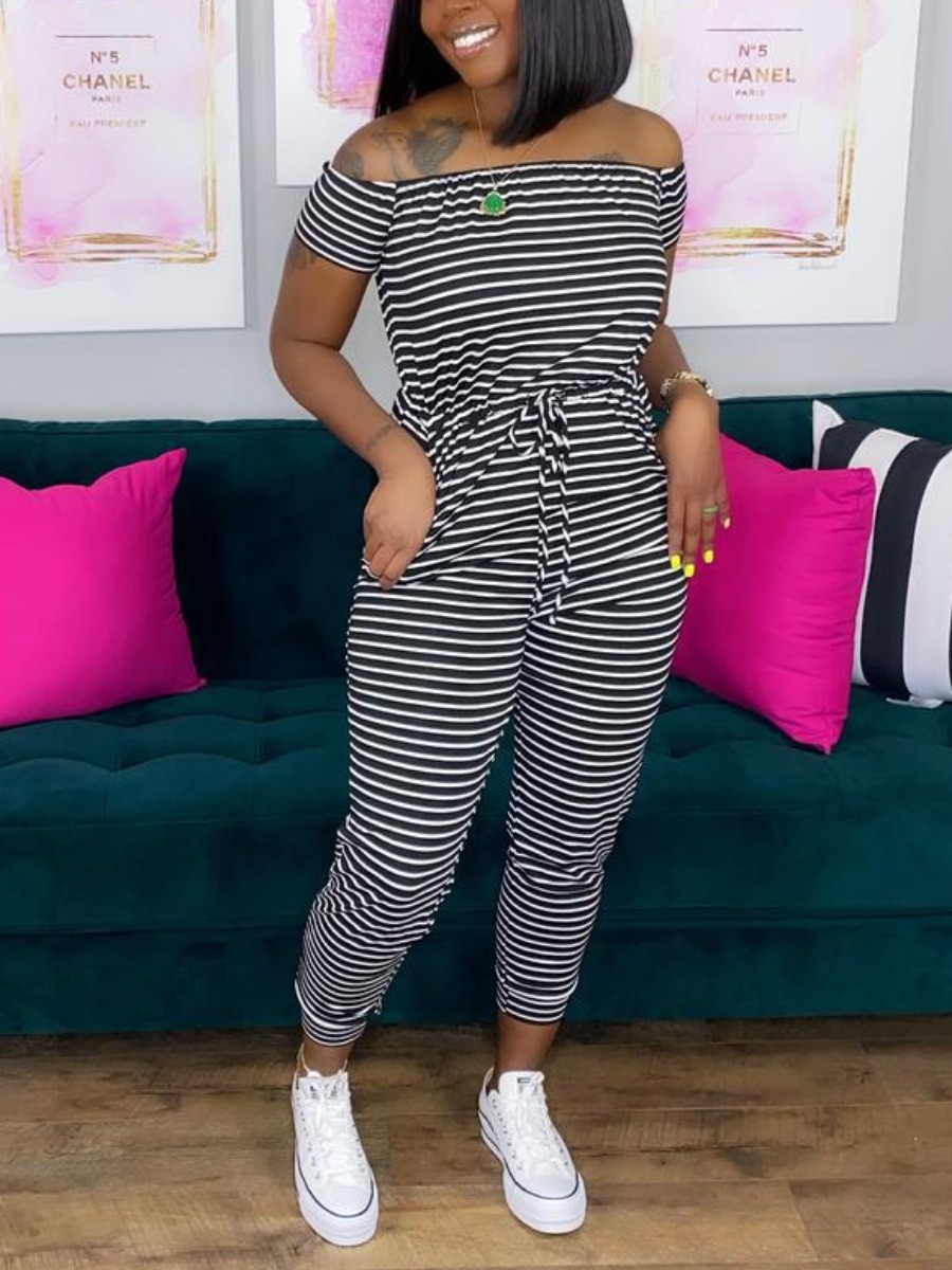 LW Casual Off The Shoulder Striped Lace-up Black One-piece Jumpsuit