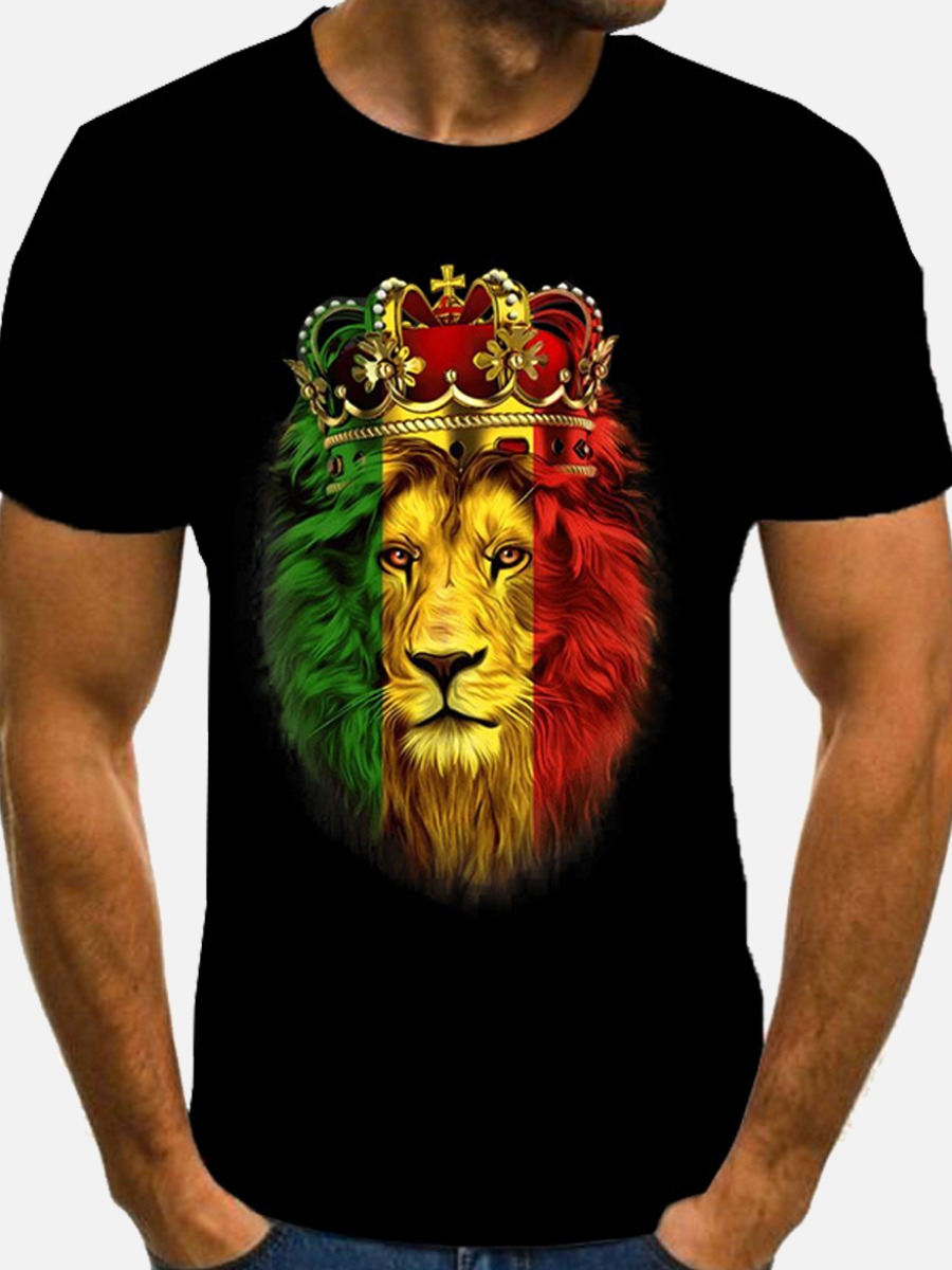 LW Men Casual Crown Lion Print Black T-shirt