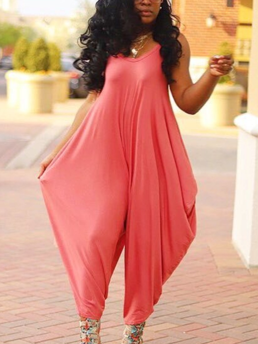 LW Plus Size Casual U Neck Loose Watermelon Red One-piece Jumpsuit