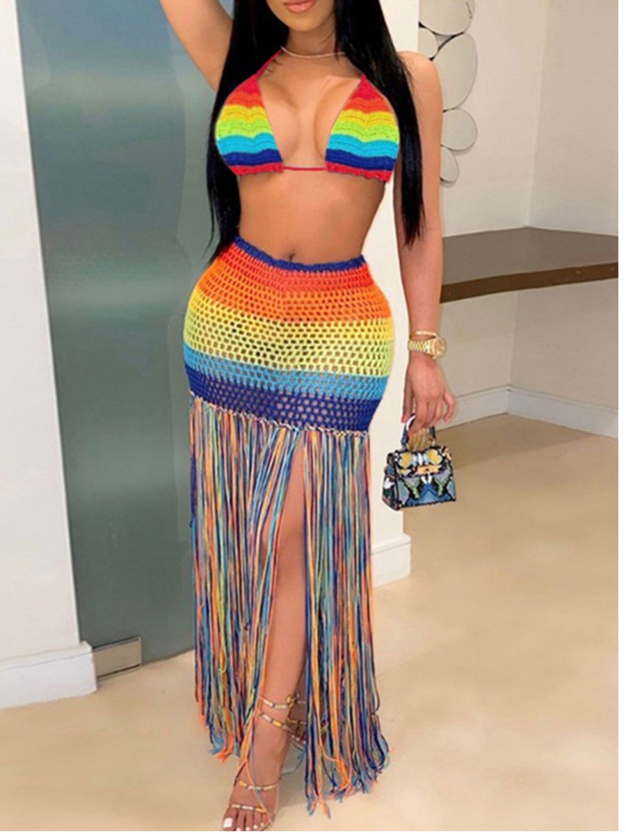 LW COTTON Tassel Design Multicolor Two-piece Swimsuit