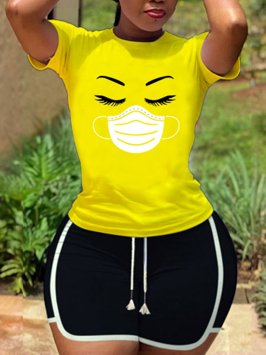 LW Sporty Mask Print Striped Yellow Two Piece Shorts Set
