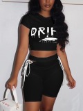 LW Chic Letter Print Bandage Hollow-out Design Black Two Piece Shorts Set