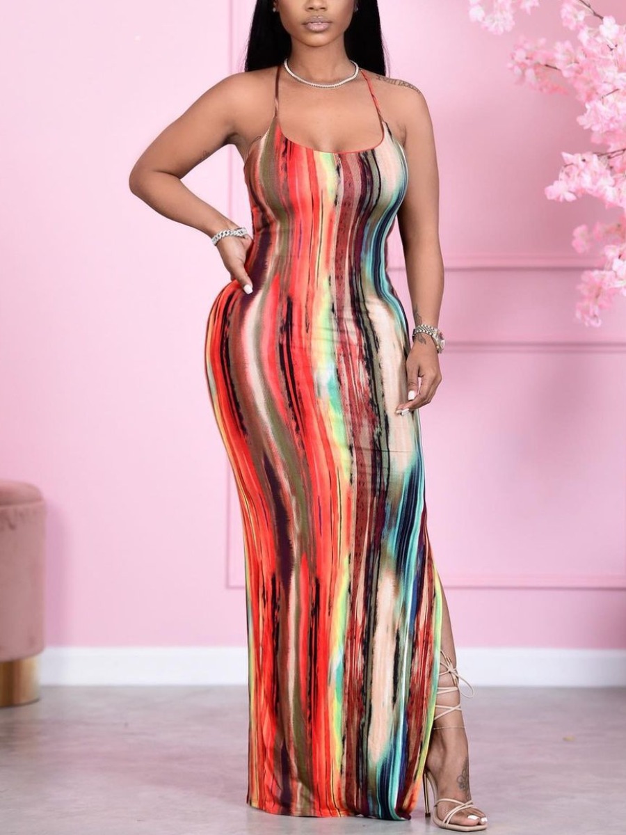 LW Casual Backless Tie-dye Split Multicolor Floor Length Dress