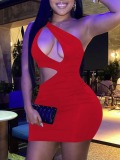 LW SXY One Shoulder Hollow-out Red Mini Dress