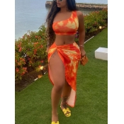 LW SXY One Shoulder Tie-dye Split Orange Two Piece