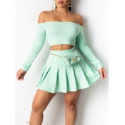 LW Off The Shoulder Pleated Cyan Skirt Set