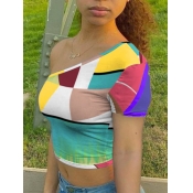 LW Casual One Shoulder Color-lump Multicolor T-shi