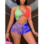 LW SXY V Neck Cashew Print Crop Top Shorts Set