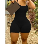 LW BASICS Casual U Neck Skinny Black Romper