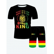 LW Men King Letter Print Striped Shorts Set