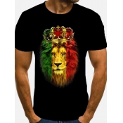 LW Men Casual Crown Lion Print Black T-shirt