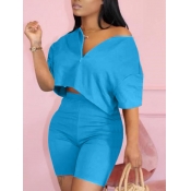 LW Casual V Neck Elastic Blue Two Piece Shorts Set