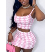 LW Casual U Neck Print Patchwork Pink Two Piece Sk