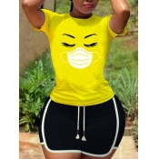 LW Sporty Mask Print Striped Yellow Two Piece Shor