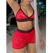 LW SXY V Neck See-through Red Two Piece Shorts Set