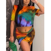 Lovely Street O Neck Tie Dye Croci Two Piece Skirt