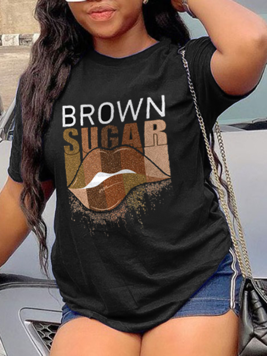 LW Plus Size Casual Lip Letter Print Black T-shirt