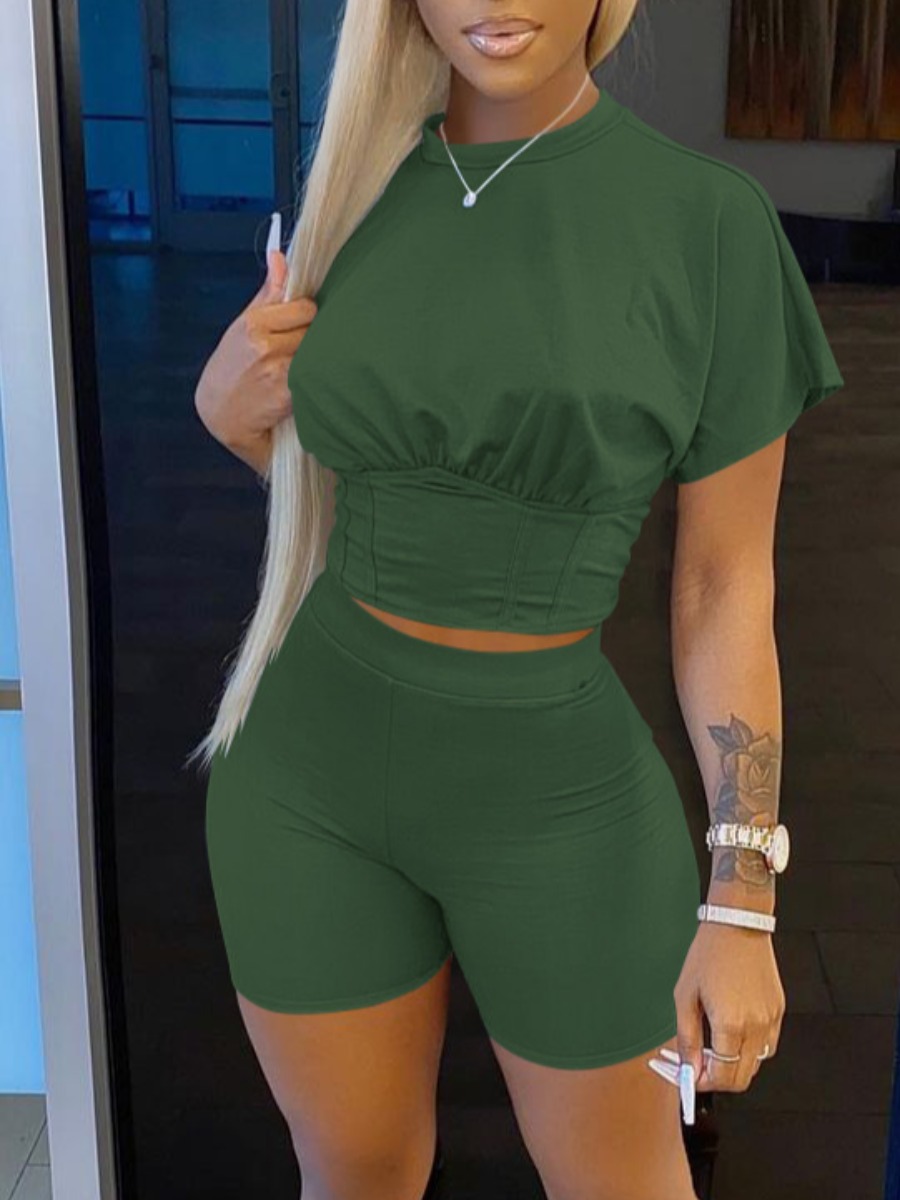 LW O Neck Skinny Army Green Shorts Set
