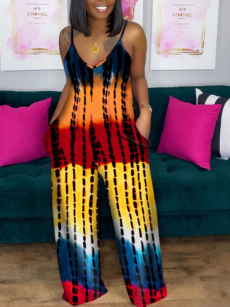 LW Casual V Neck Tie-dye Multicolor Jumpsuit