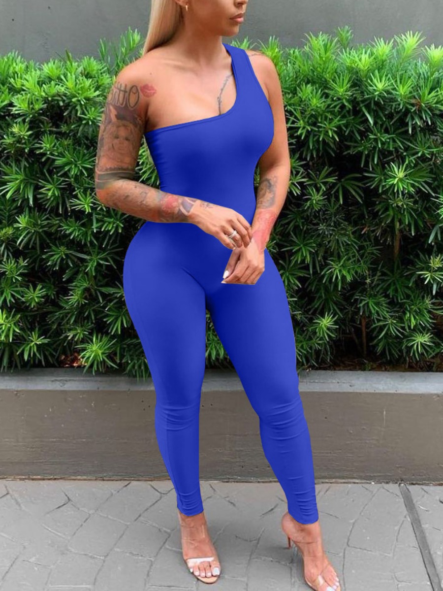 LW BASICS Sporty One Shoulder Skinny Khaki One-piece Jumpsuit