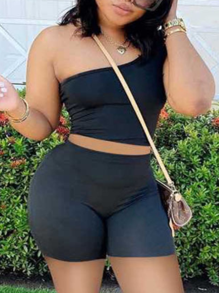LW One Shoulder Basic Skinny Shorts Set