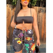 Lovely Street Letter Print Drawstring Black Two Pi