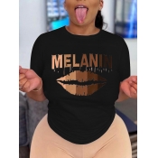 LW Casual Lip Letter Print Black T-shirt