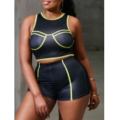 LW Casual O Neck Patchwork Black Two Piece Shorts 