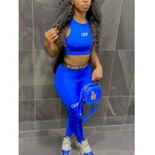 LW Sporty O Neck Letter Print Blue Yoga Two Piece 