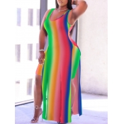 LW Plus Size Casual U Neck Rainbow Stripe Split Mu