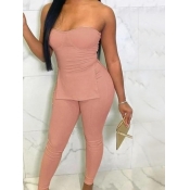 Lovely Casual Off The Shoulder Split Pink Two Piec