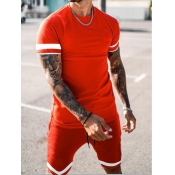 LW Men Sporty Striped Drawstring Red Two Piece Sho