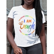 LW Casual O Neck Letter Print White T-shirt