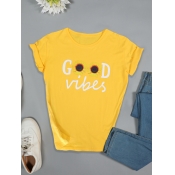 LW Plus Size Casual O Neck Print Yellow T-shirt