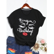 Lovely Plus Size Casual O Neck Letter Print Black 