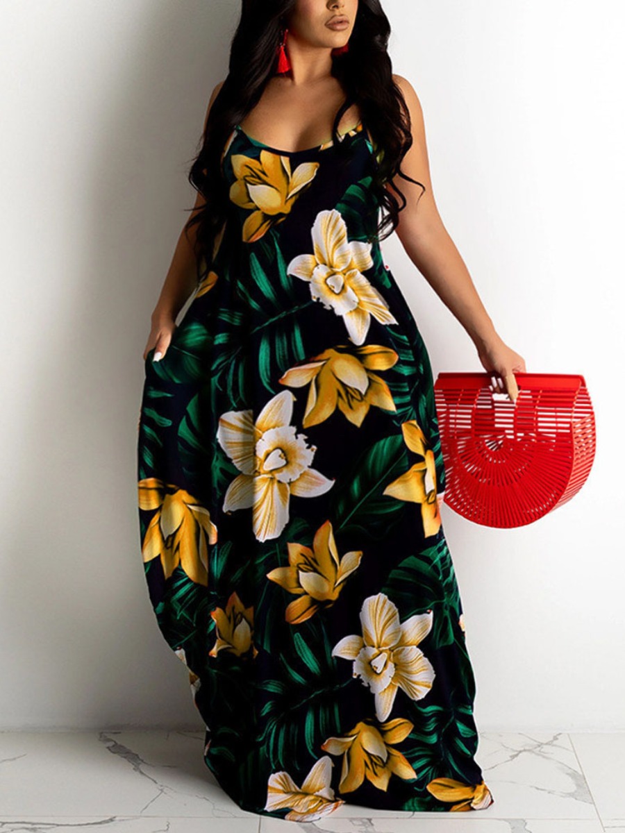 LW Plus Size Boho U Neck Floral Print Yellow Floor Length Dress