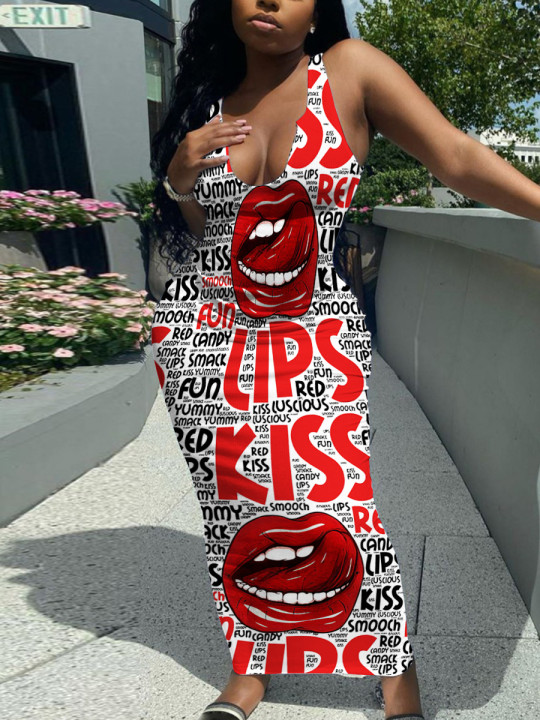 LW Plus Size Street Lip Letter Print Red Ankle Length Dress