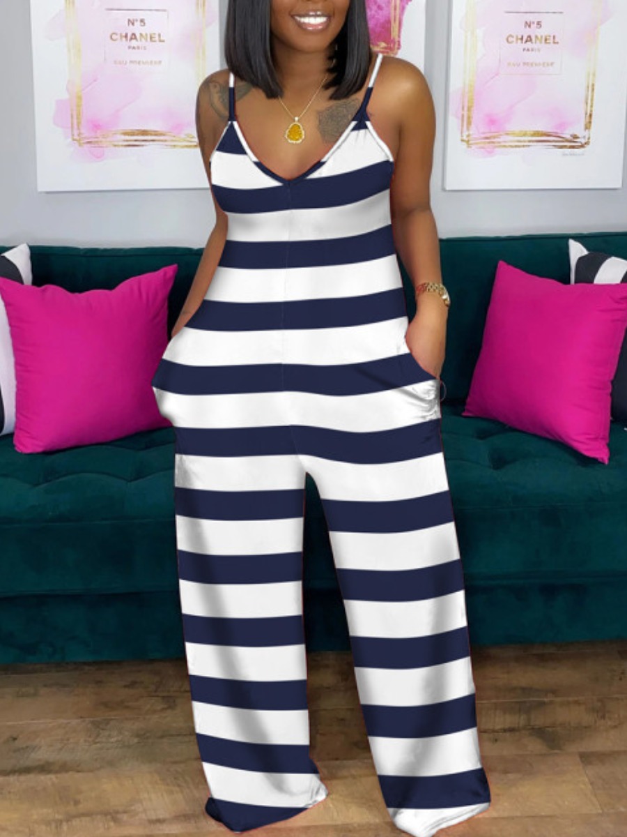 LW Plus Size Casual V Neck Striped White One-piece Jumpsuit