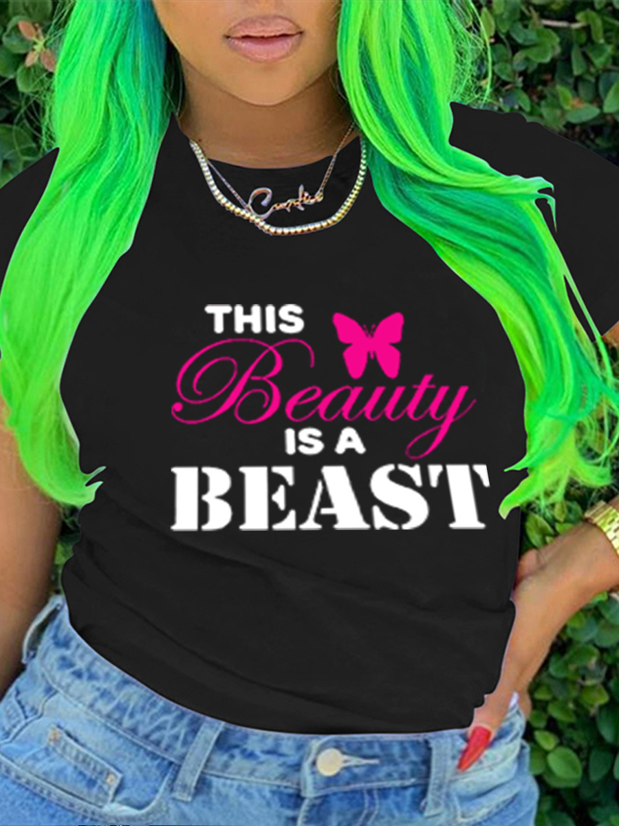 LW Plus Size Casual Butterfly Letter Print Black T-shirt