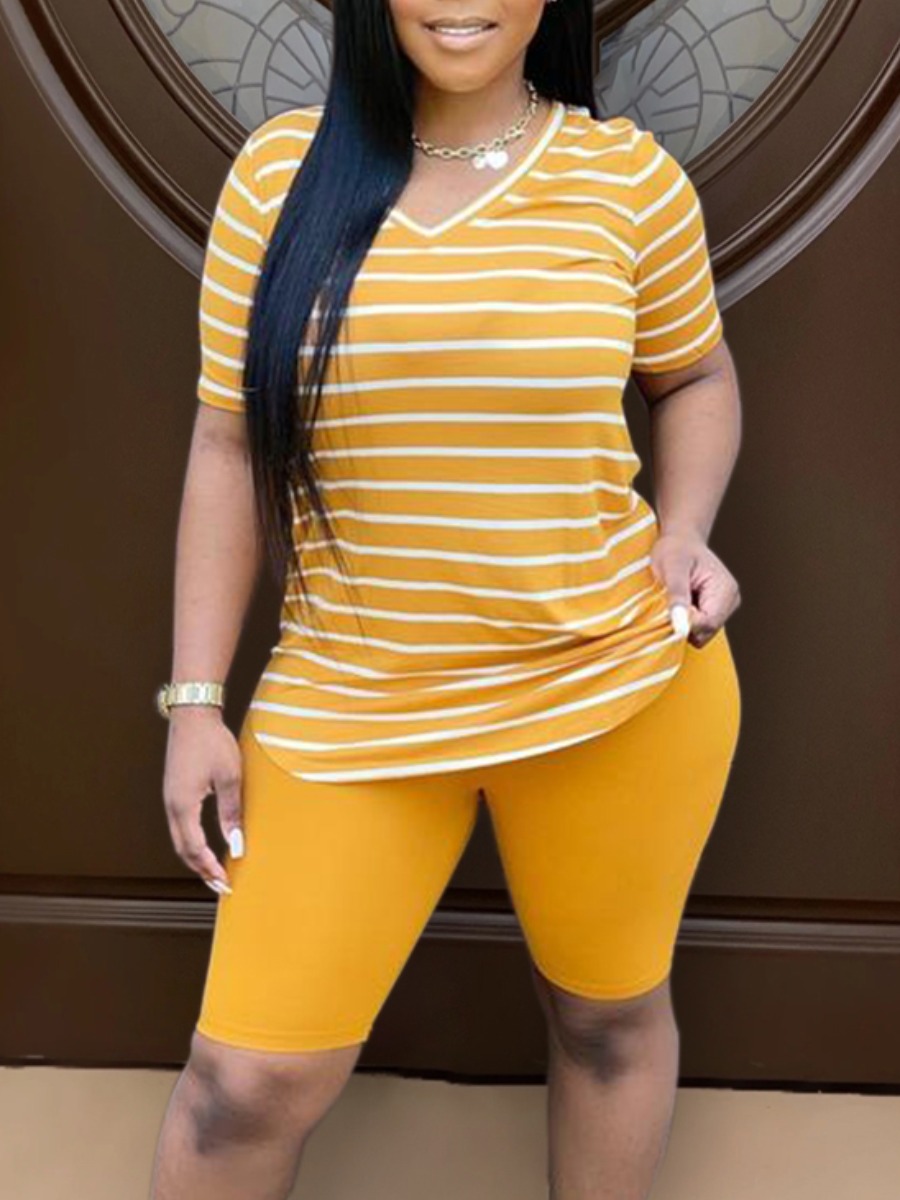 LW V Neck Striped Shorts Set