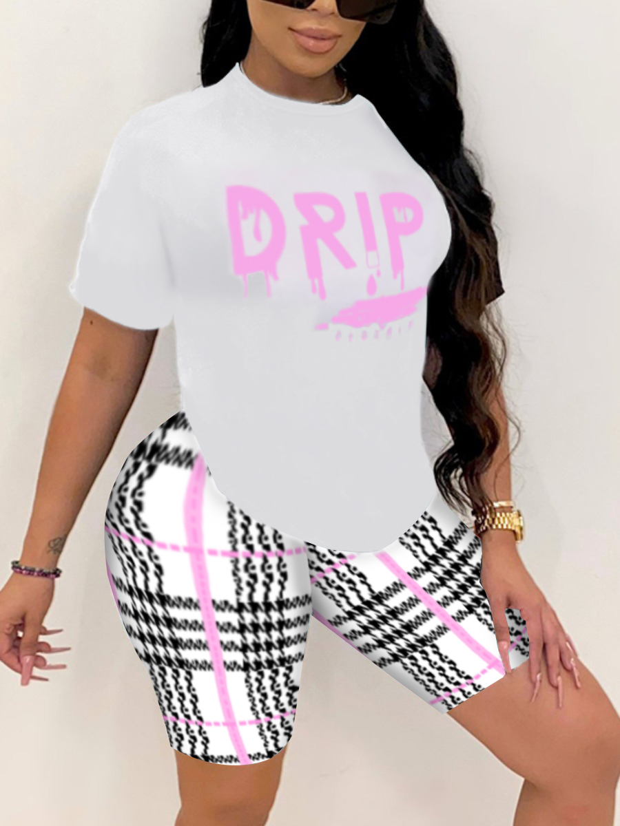 LW Plus Size Drip Letter Plaid Print Shorts Set
