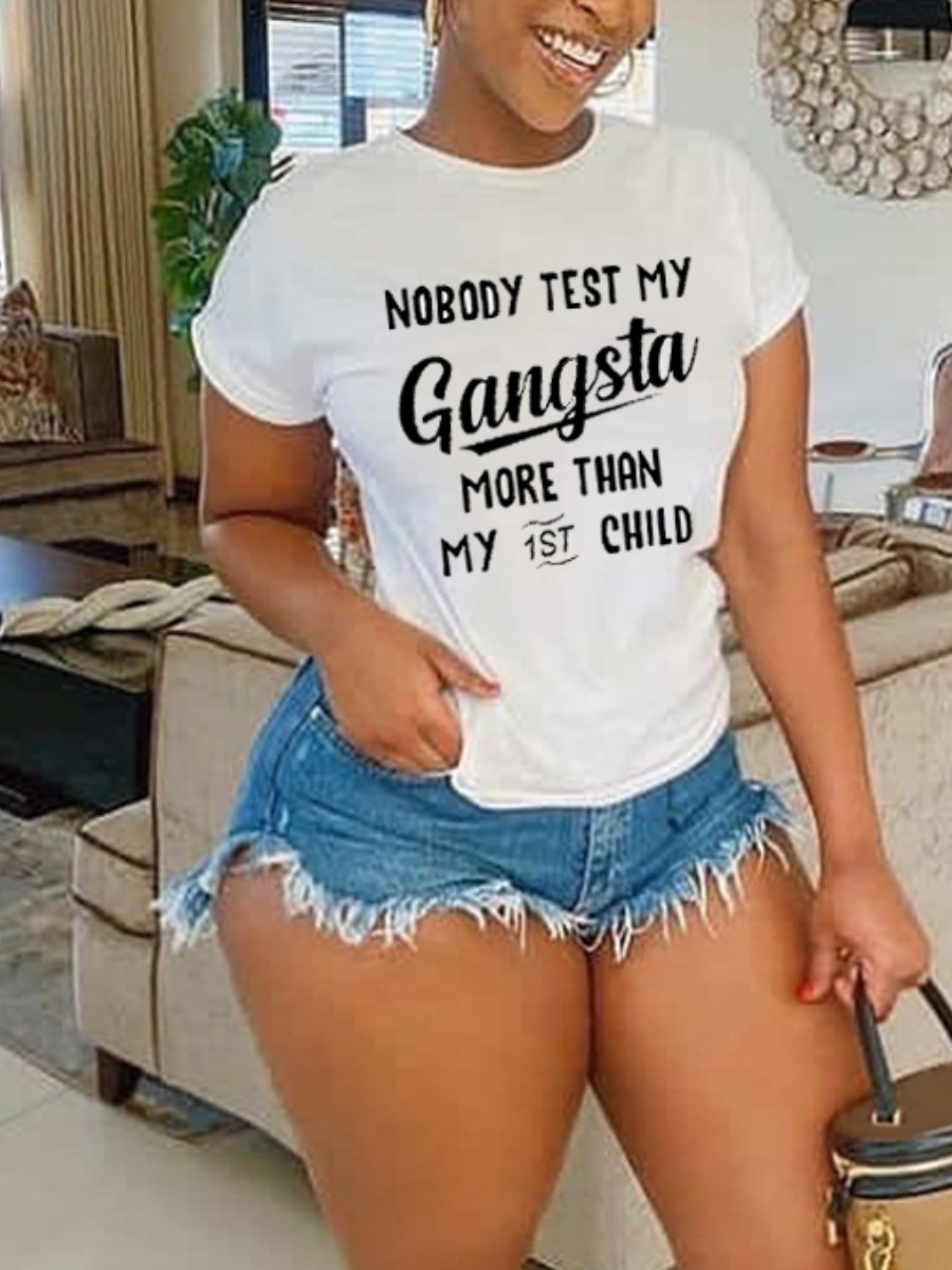LW Casual O Neck Letter Print White T-shirt