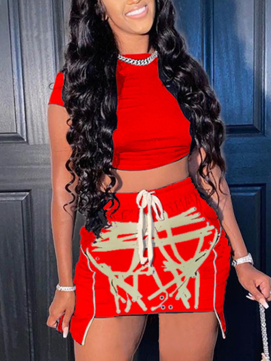 LW Street Drawstring Asymmetrical Red Two Piece Skirt Set