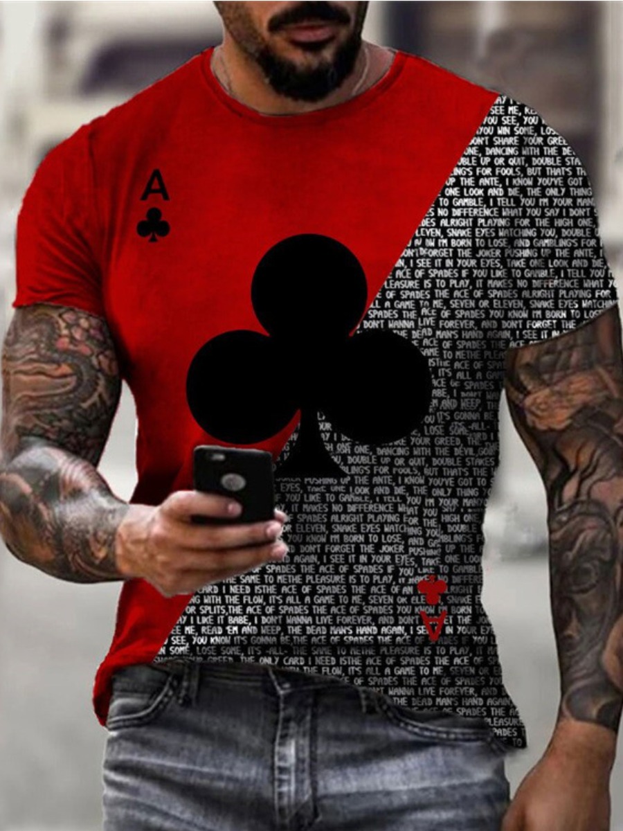 LW Men Street Poker Print Patchwork Red T-shirt